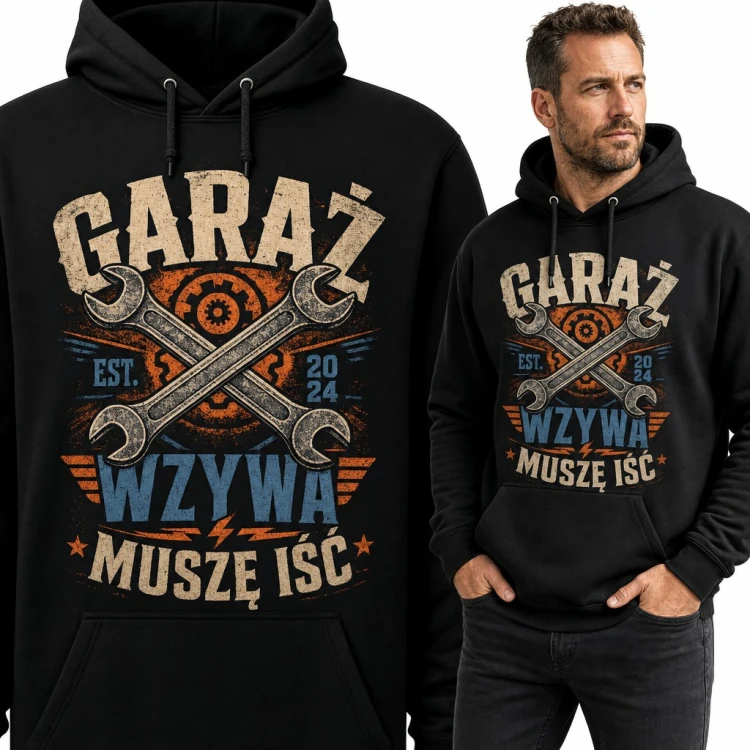 Bluza męska z kapturem „Garaż wzywa, muszę iść” - klucze dla mechanika