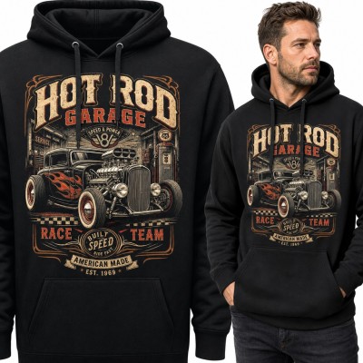 Bluza męska z kapturem „Hot Rod Garage” - klasyczne auto z silnikiem V8 i płomieniami