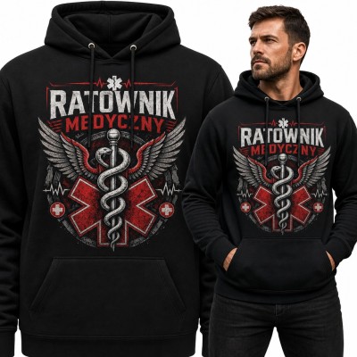 Bluza męska z kapturem „Ratownik medyczny” - laska Eskulapa i gwiazda życia ze skrzydłami