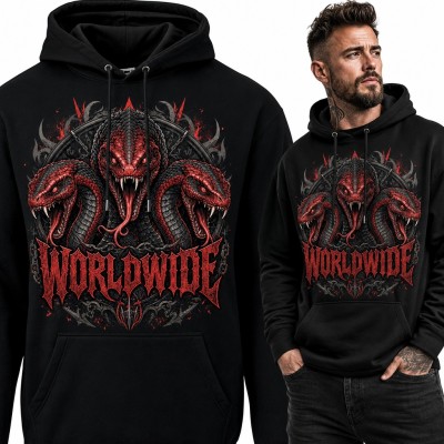 Bluza męska z kapturem - trzy czerwone węże hydry i napis „Worldwide”
