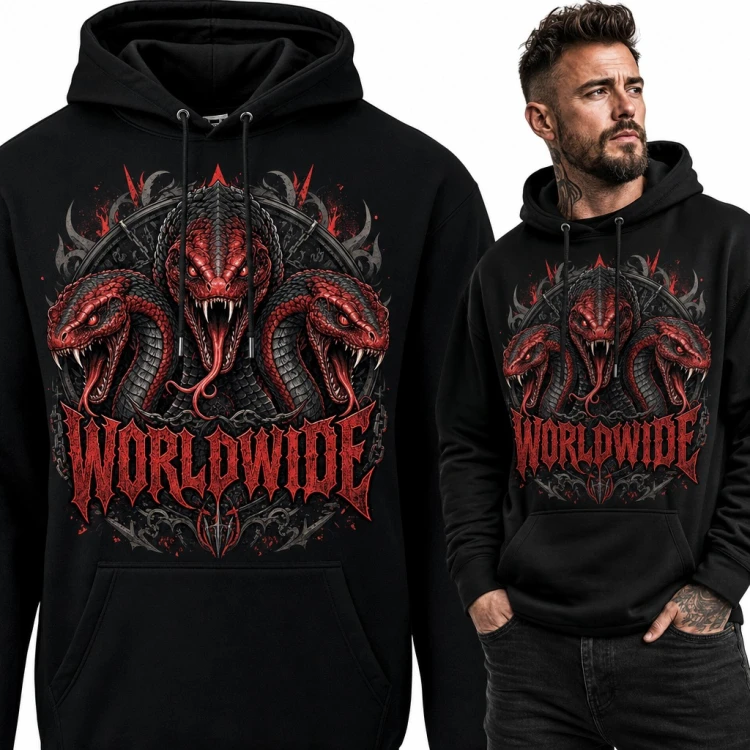 Bluza męska z kapturem - trzy czerwone węże hydry i napis „Worldwide”