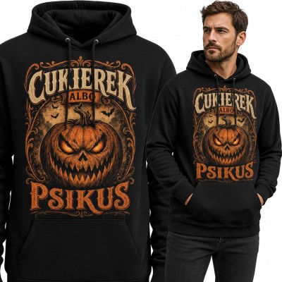 Bluza męska z kapturem „Cukierek albo psikus” - groźna dynia halloweenowa z nietoperzami