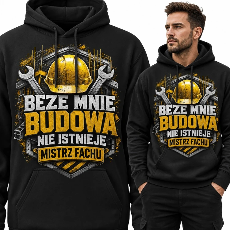 Bluza męska z kapturem - „Beze mnie budowa nie istnieje” z kaskiem dla budowlańca
