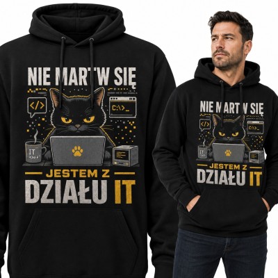 Bluza męska z kapturem - czarny kot informatyk przy laptopie „Nie martw się, jestem z działu IT”