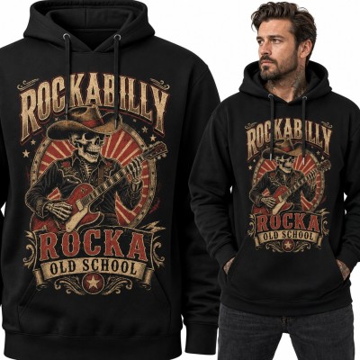 Bluza męska z kapturem - szkielet kowboj z gitarą „Rockabilly Rocka Old School”