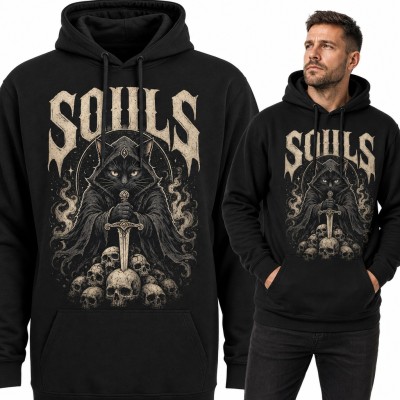 Bluza męska z kapturem - czarny kot z mieczem na czaszkach „Souls”