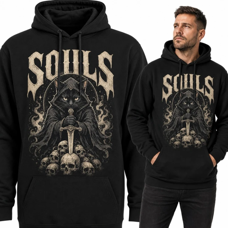 Bluza męska z kapturem - czarny kot z mieczem na czaszkach „Souls”