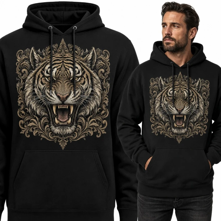 Bluza męska z kapturem - ryczący tygrys w barokowej ramie z ornamentów