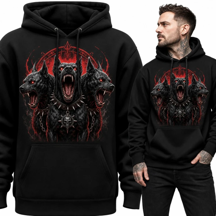 Bluza męska z kapturem - trzygłowy Cerber z kolczastą obrożą i czaszką
