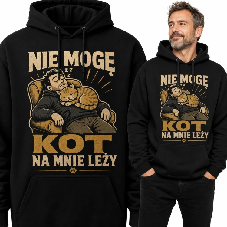 Bluza męska z kapturem „Nie mogę, kot na mnie leży” - śpiący facet z rudym kotem dla kociarza
