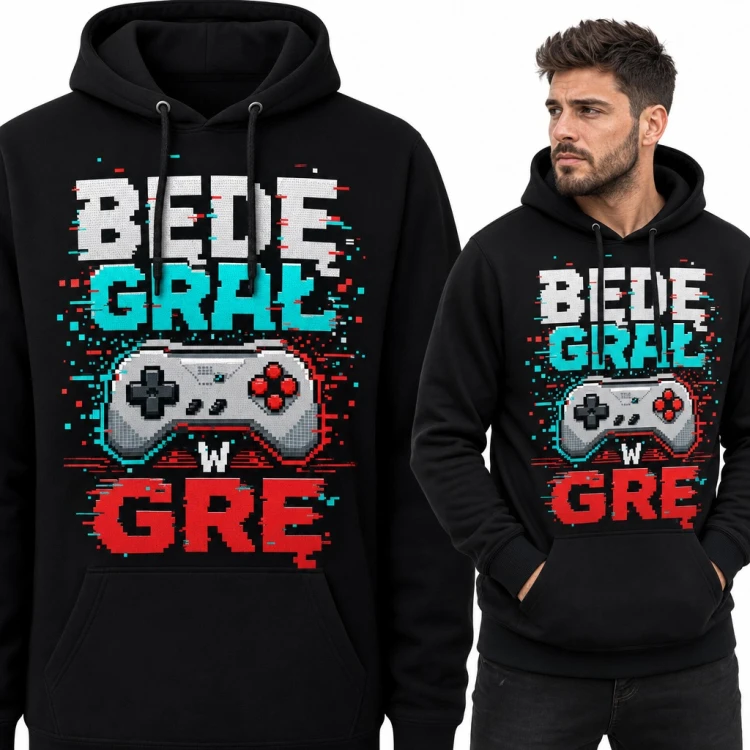Bluza męska z kapturem - „Będę grał w grę” z pikselowym padem dla gracza