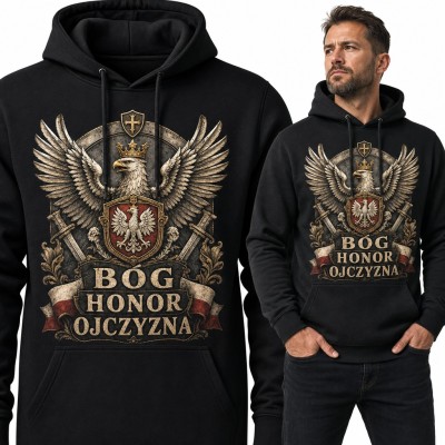 Bluza męska z kapturem - „Bóg Honor Ojczyzna” z orłem w koronie i godłem Polski