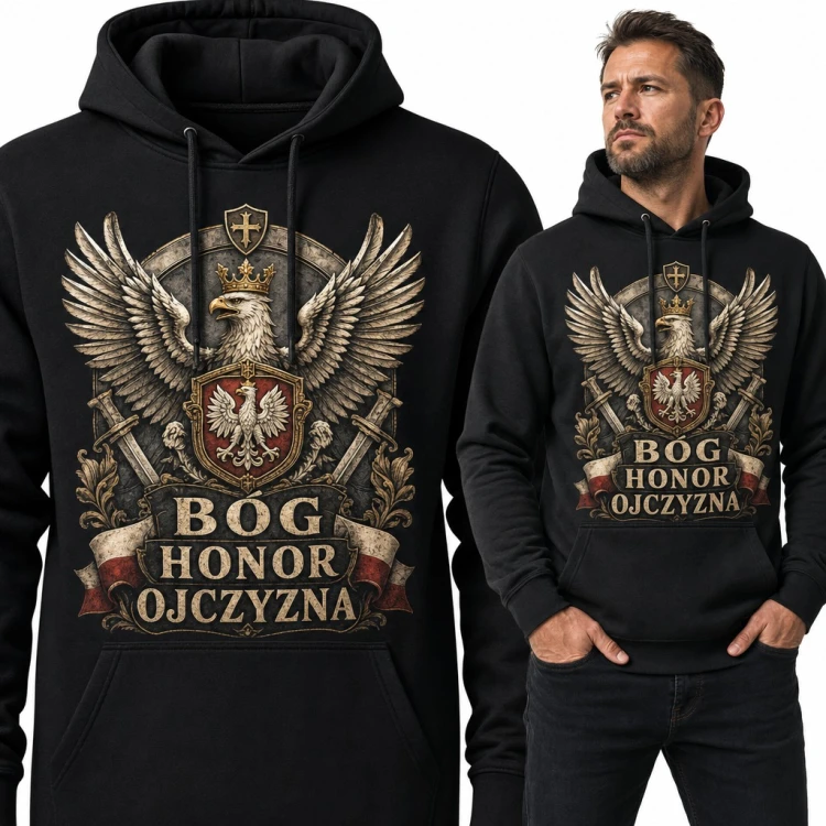 Bluza męska z kapturem - „Bóg Honor Ojczyzna” z orłem w koronie i godłem Polski