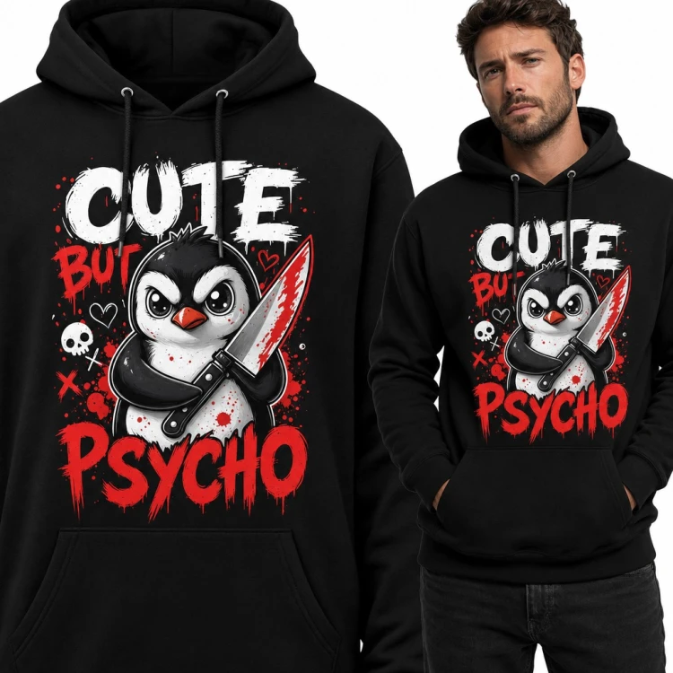 Bluza męska z kapturem - pingwin z nożem i napis „Cute but psycho”