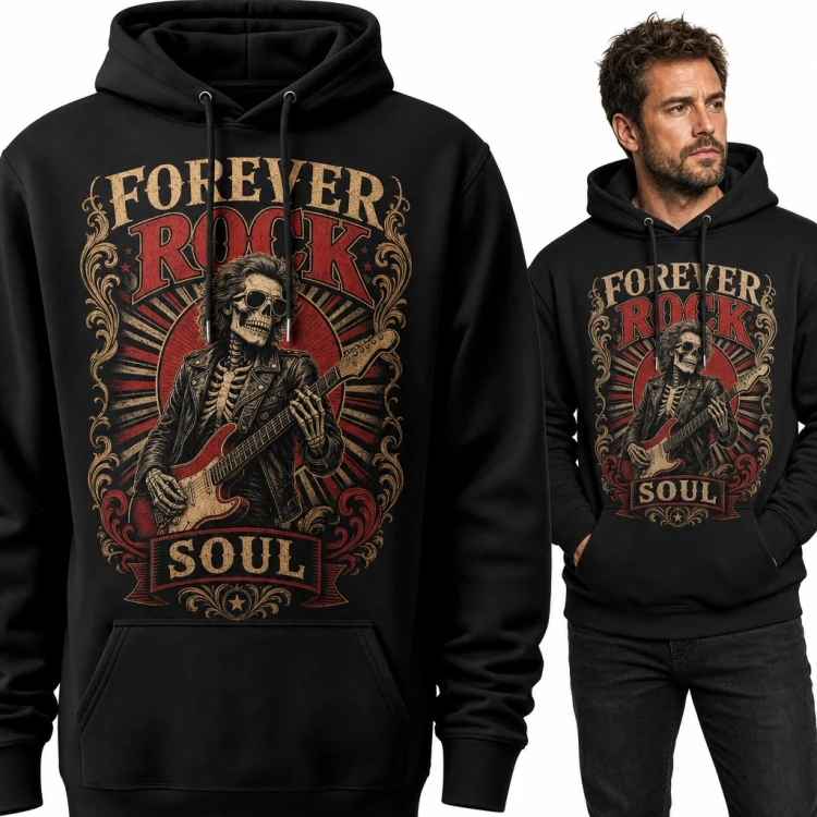 Bluza męska z kapturem „Forever Rock Soul” - szkielet z gitarą elektryczną dla gitarzysty