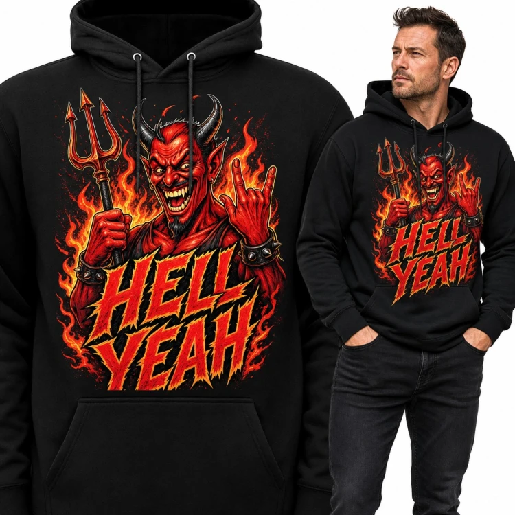 Bluza męska z kapturem „Hell yeah” - diabeł z trójzębem i rockowym gestem w płomieniach