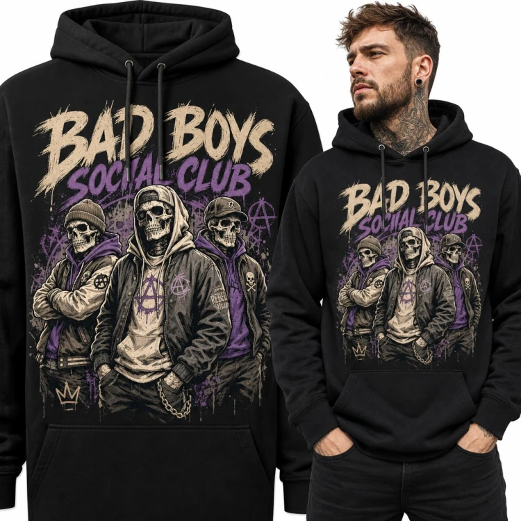 Bluza męska z kapturem „Bad Boys Social Club” - szkielety w streetwearowych kurtkach