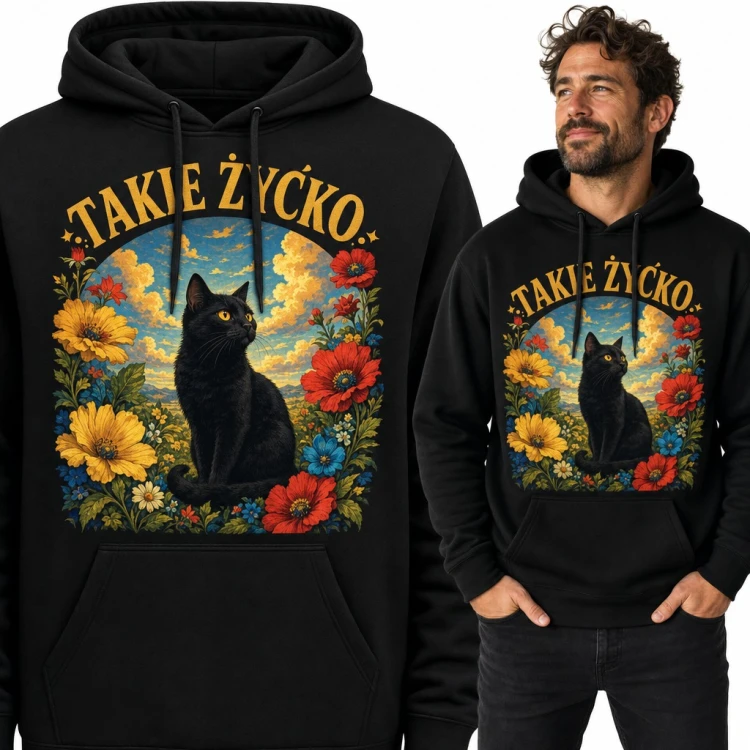 Bluza męska z kapturem - czarny kot w kwiatach i napis „Takie życko”