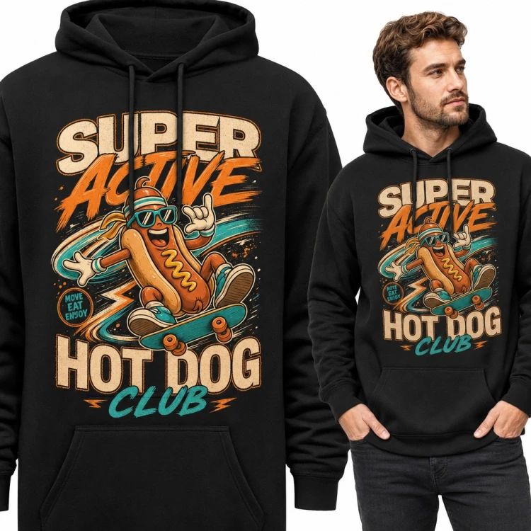 Bluza męska z kapturem „Super Active Hot Dog Club” - hot dog na deskorolce