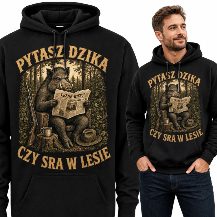 Bluza męska z kapturem - „Pytasz dzika czy sra w lesie” z dzikiem czytającym gazetę