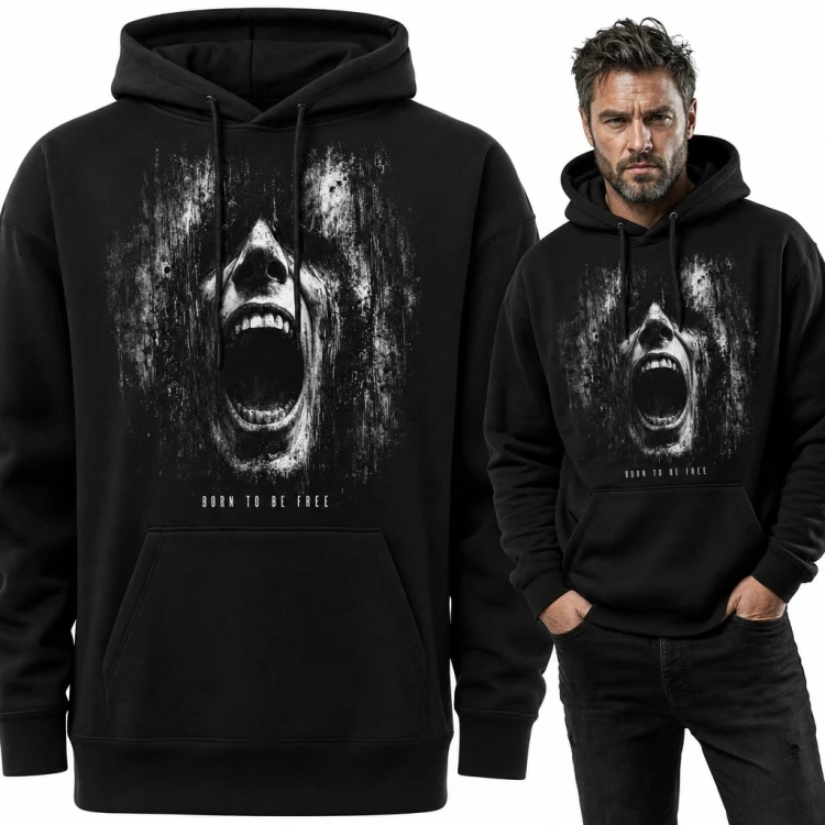 Bluza męska z kapturem - krzycząca twarz w stylu grunge „Born to be free”