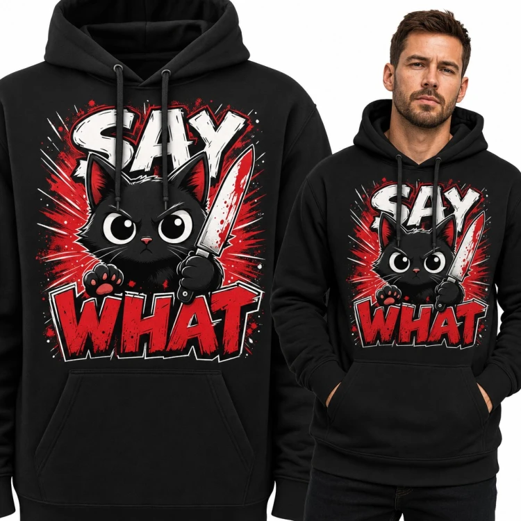 Bluza męska z kapturem - wściekły czarny kot z nożem „Say what”