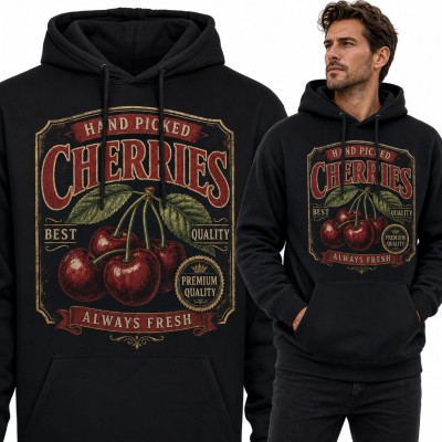 Bluza męska z kapturem - wiśnie na retro etykiecie „Hand picked cherries”