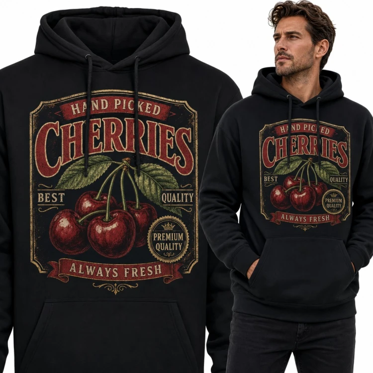 Bluza męska z kapturem - wiśnie na retro etykiecie „Hand picked cherries”
