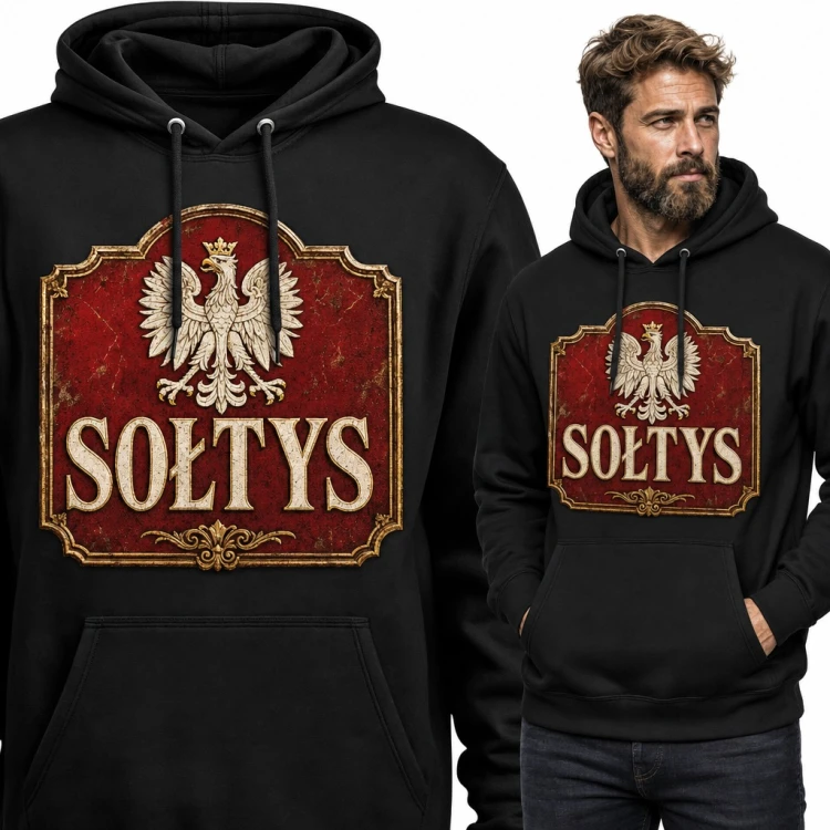 Bluza męska z kapturem „Sołtys” - orzeł z koroną na retro tablicy dla sołtysa