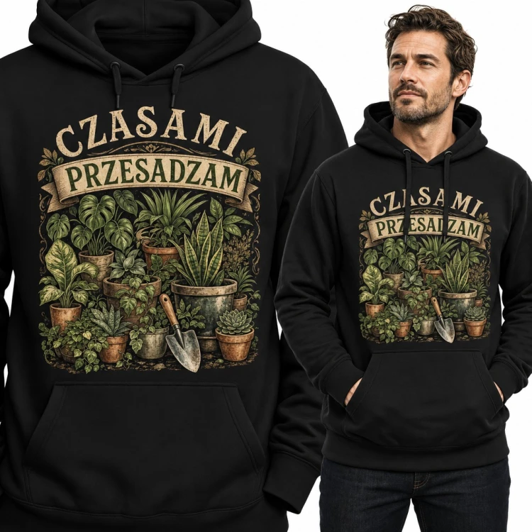 Bluza męska z kapturem - „Czasami przesadzam” z roślinami w doniczkach dla ogrodnika