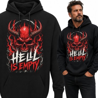 Bluza męska z kapturem - czerwona czaszka demona z rogami w płomieniach „Hell is empty”