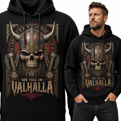 Bluza męska z kapturem - wiking z czaszką i toporami „See You in Valhalla”