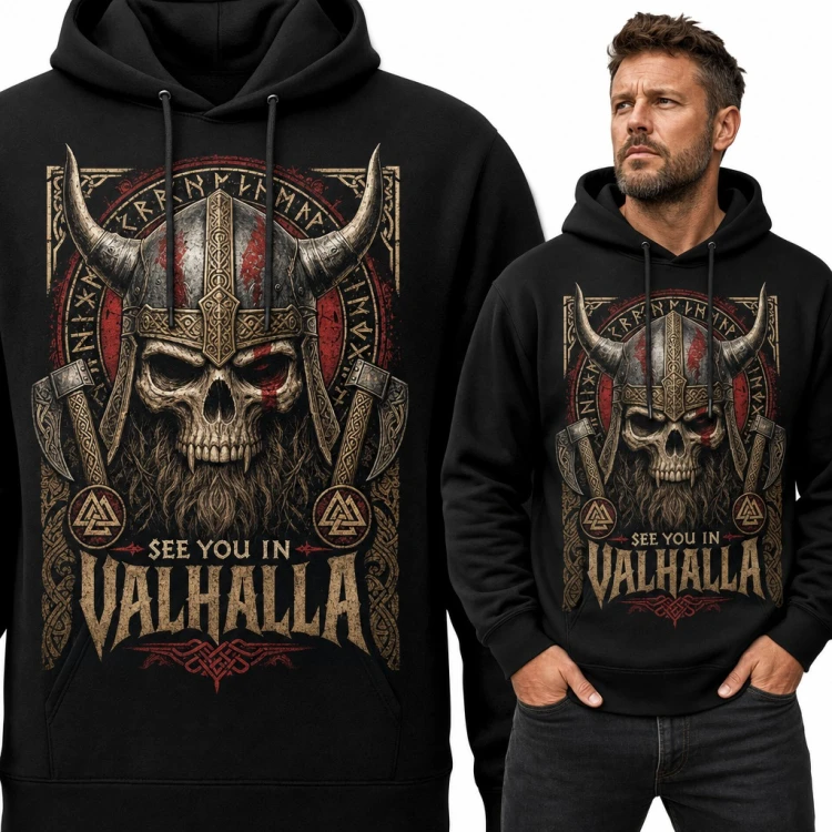 Bluza męska z kapturem - wiking z czaszką i toporami „See You in Valhalla”