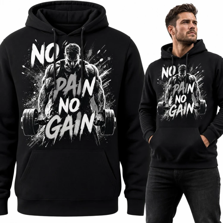 Bluza męska z kapturem „No pain no gain” - kulturysta z hantlami