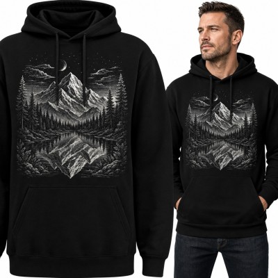 Bluza męska z kapturem - nocne góry odbite w jeziorze dla turysty