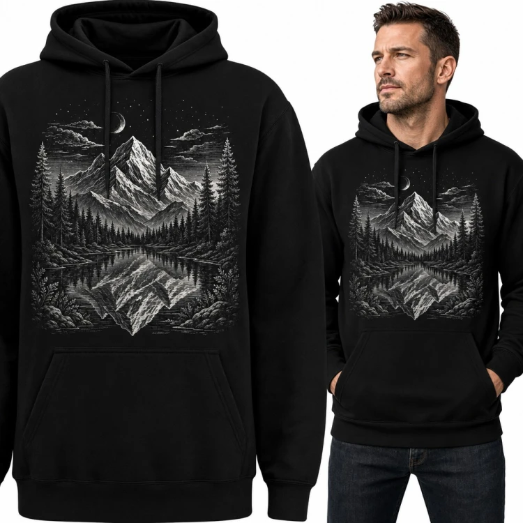 Bluza męska z kapturem - nocne góry odbite w jeziorze dla turysty