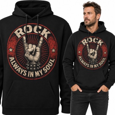 Bluza męska z kapturem - „Rock always in my soul” z rockowymi rogami