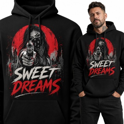 Bluza męska z kapturem - gangsterka z pistoletem i napis „Sweet Dreams”