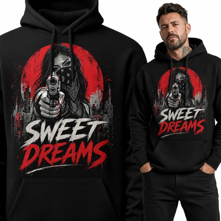 Bluza męska z kapturem - gangsterka z pistoletem i napis „Sweet Dreams”