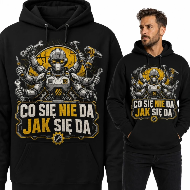 Bluza męska z kapturem - robot z narzędziami „Co się nie da jak się da” dla majsterkowicza