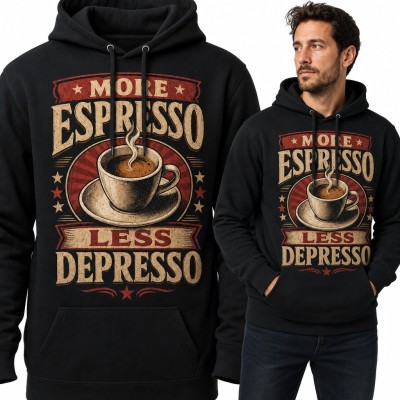 Bluza męska z kapturem - retro filiżanka kawy dla kawosza „More espresso less depresso”