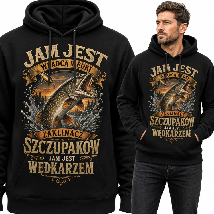 Bluza męska z kapturem - szczupak i „Jam jest władcą wędki, zaklinacz szczupaków, jam jest wędkarzem” dla wędkarza