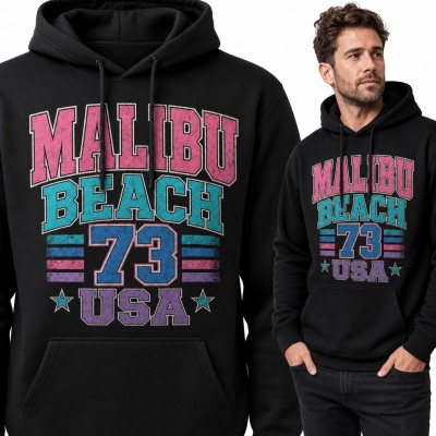 Bluza męska z kapturem „Malibu Beach 73 USA” - kalifornijski napis w stylu college retro