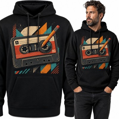 Bluza męska z kapturem - kaseta magnetofonowa z ołówkiem w stylu lat 80