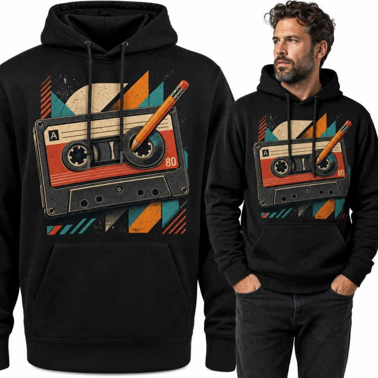 Bluza męska z kapturem - kaseta magnetofonowa z ołówkiem w stylu lat 80