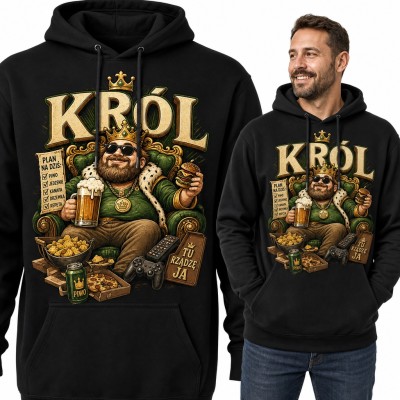 Bluza męska z kapturem „Król” - brodacz na tronie z piwem i planem na dziś