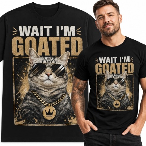 Koszulka męska z gangsterskim kotem „Wait I'm Goated” - streetwearowy wzór