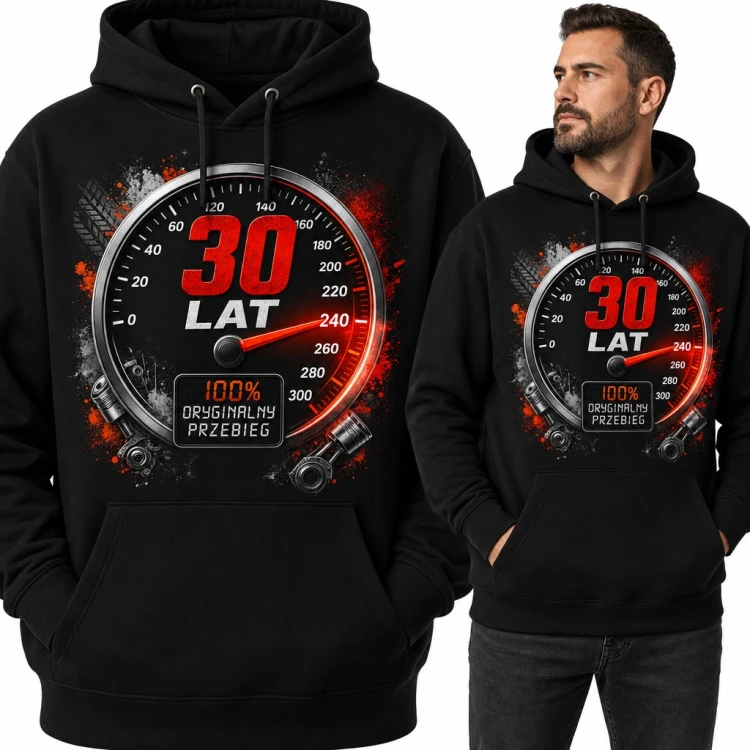 Bluza męska z kapturem na 30 urodziny - licznik „30 lat 100% oryginalny przebieg”