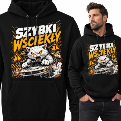 Bluza męska z kapturem - wściekły kot za kierownicą auta „Szybki wściekły”
