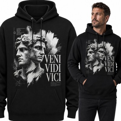 Bluza męska z kapturem „Veni vidi vici” - podwójna antyczna rzeźba głowy